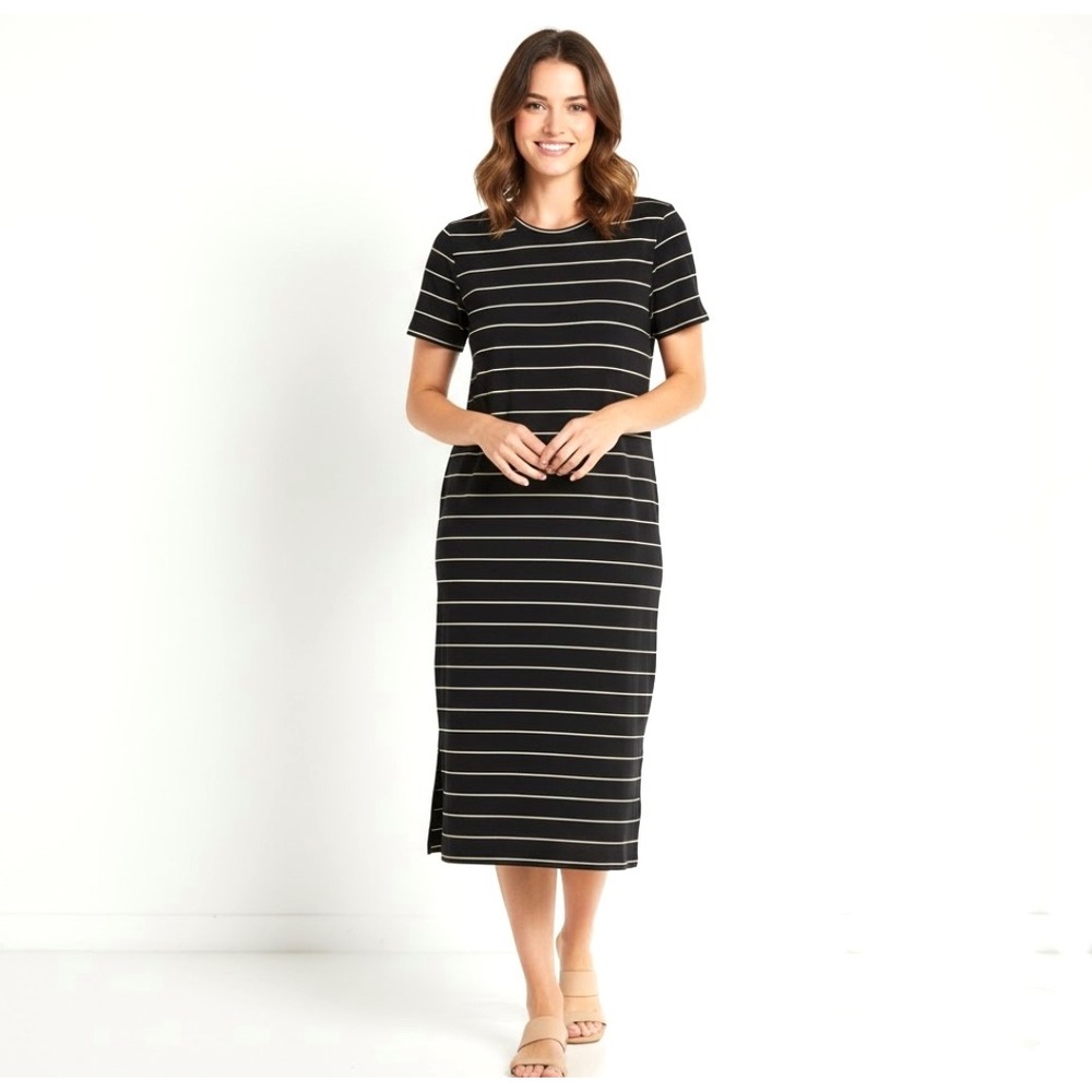 Banana‎ Republic Women's Dress Black Stripe Midi T Shirt Size Large Side Slits